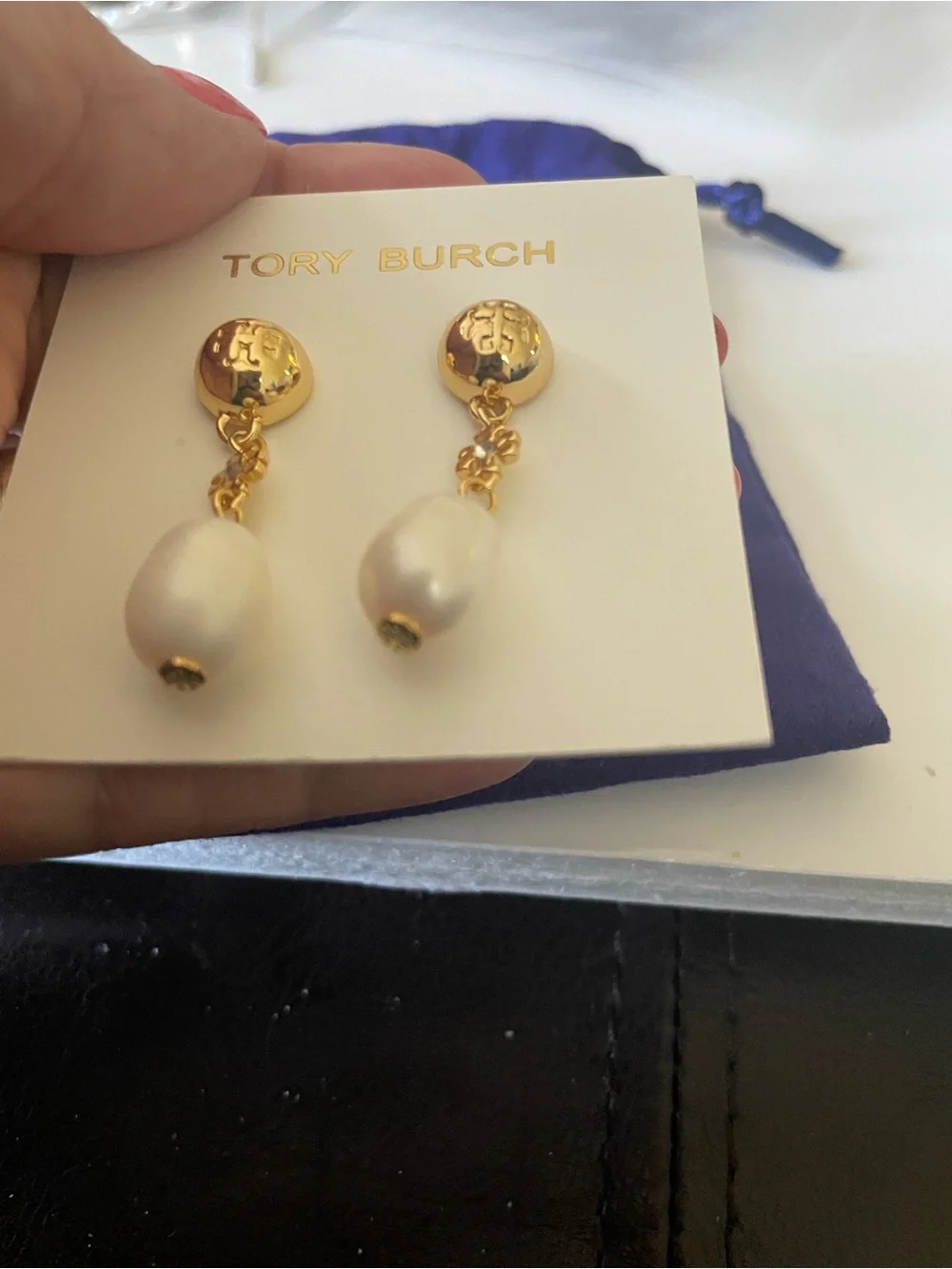 Tory Burch Gold and White Pearl Drop Earrings